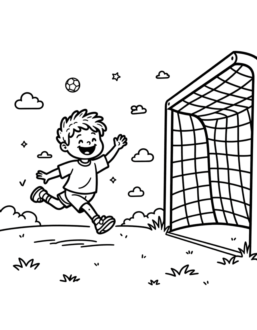 Soccer Player Coloring Page - Boy Scoring Goal - Image 1