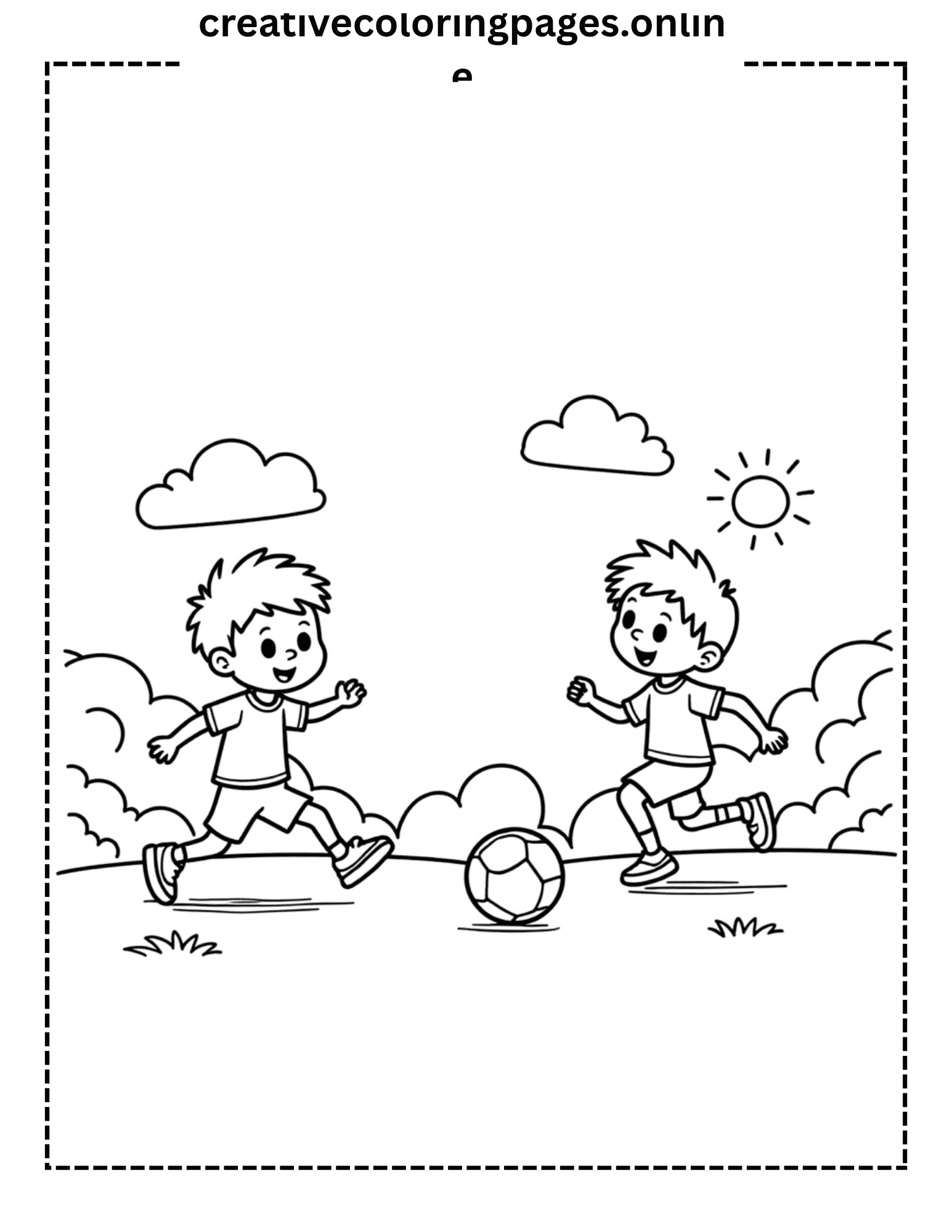 Kids Soccer Coloring Page - Two Children Playing Football - Image 1