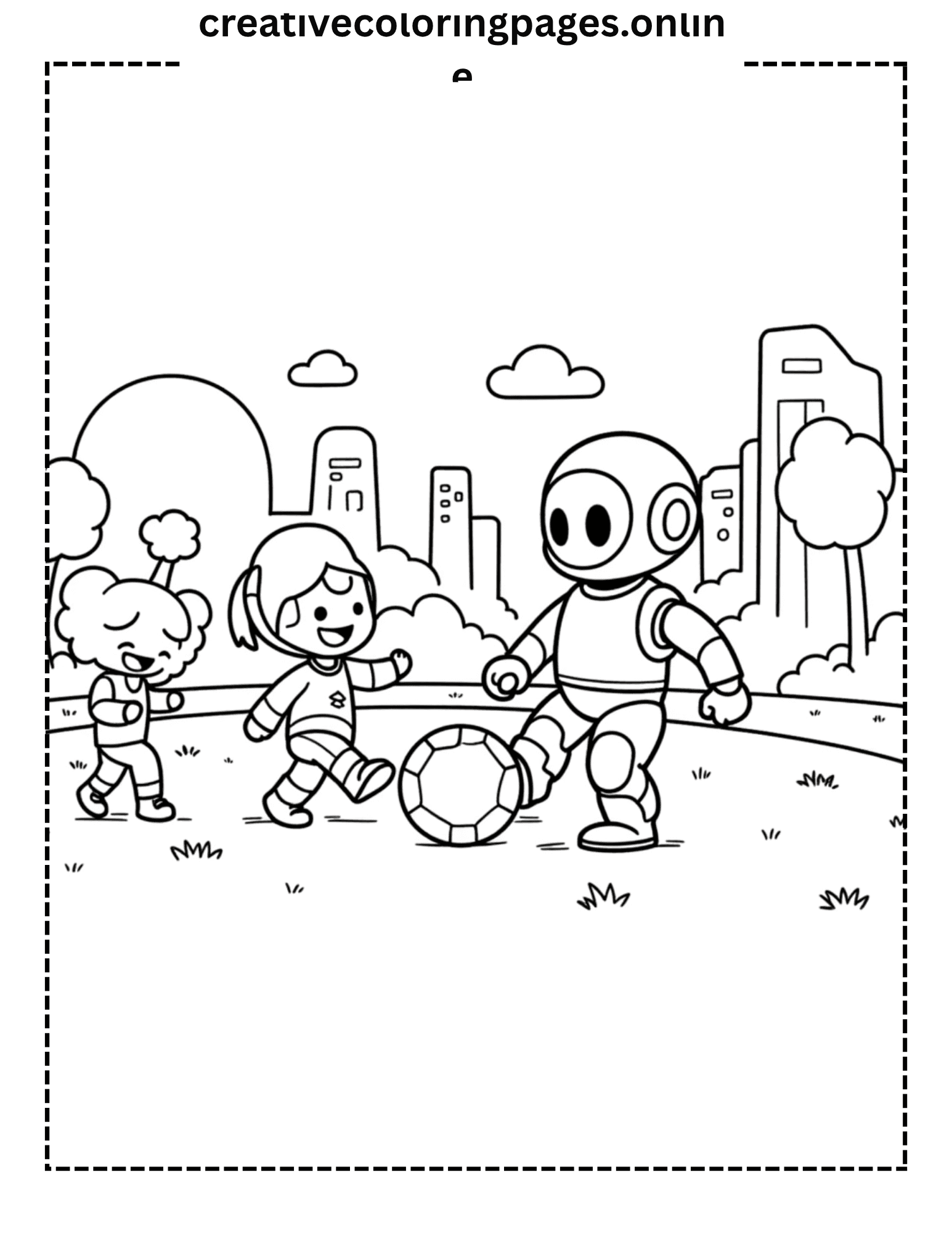 Robot Soccer Coloring Page - Kids & Robot Playing Football