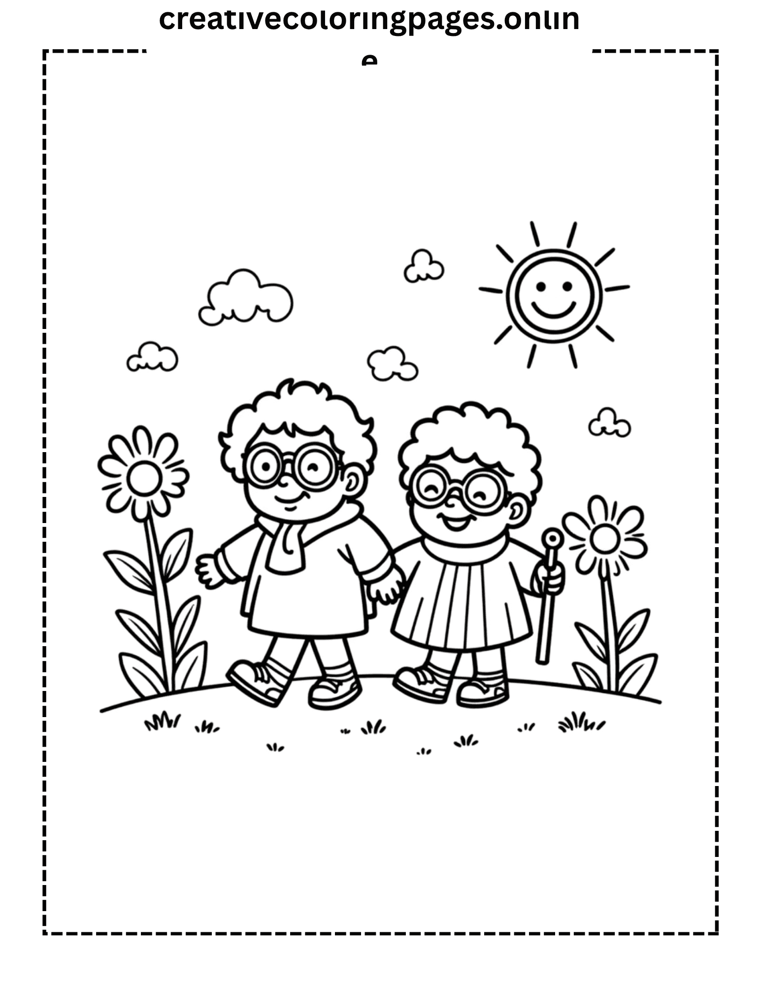 Grandparents Coloring Page - Elderly Couple Walking