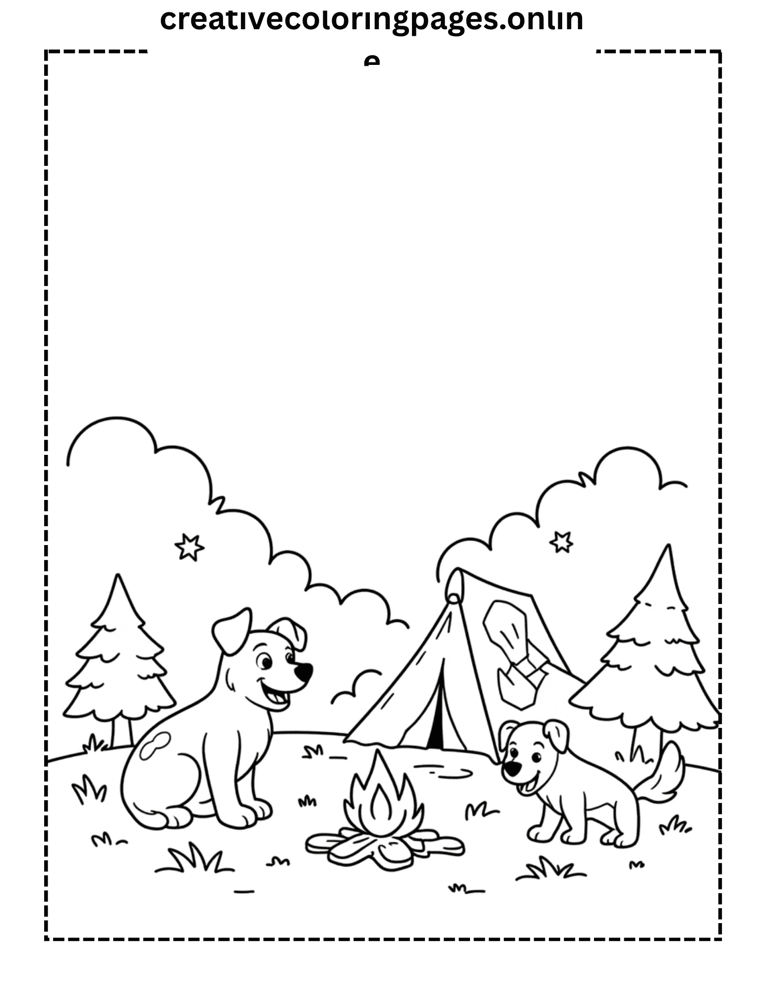 Dog Camping Coloring Page - Puppies Tent Campfire - Image 1