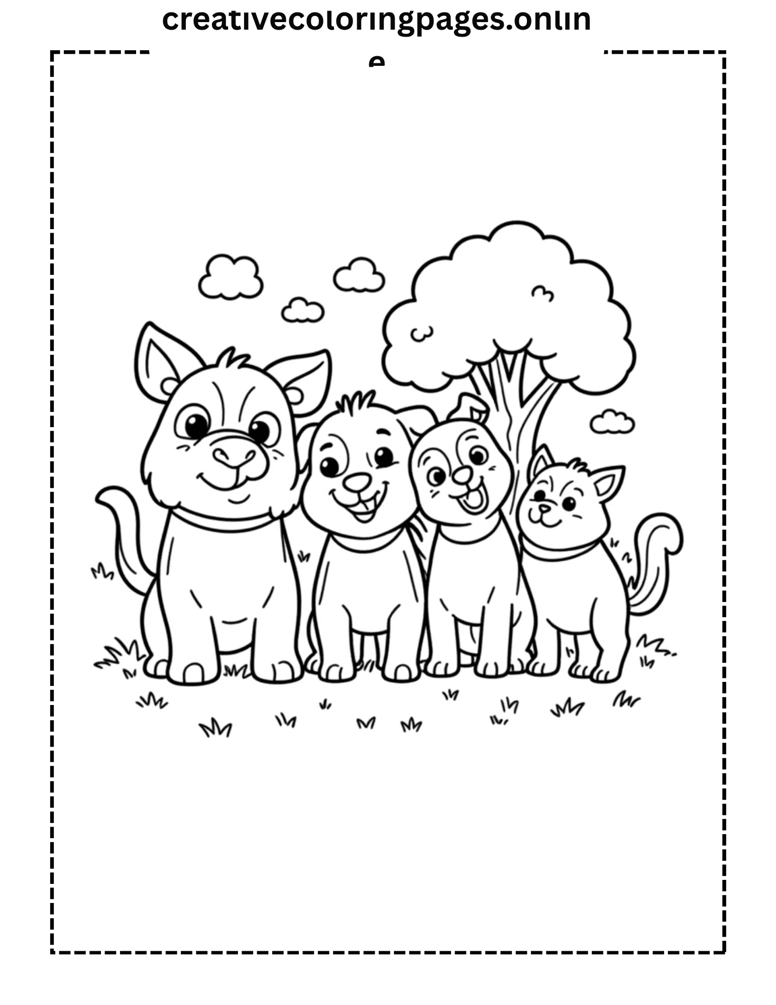 Four Dogs Coloring Page - Puppy Friends Under Tree - Image 1