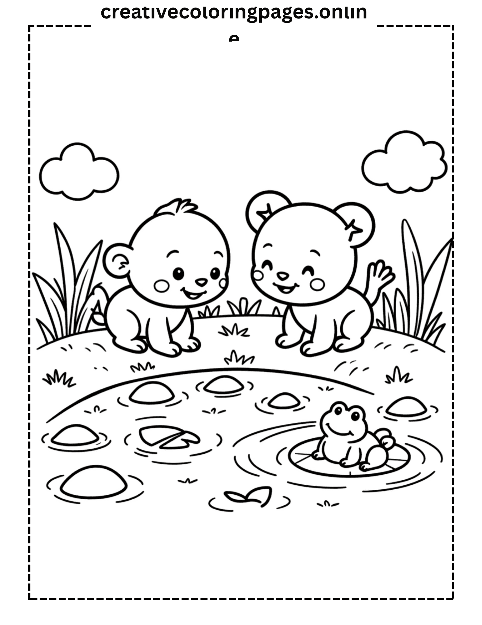 Baby Animals Pond Coloring Page - Monkey Bear Frog - Image 1