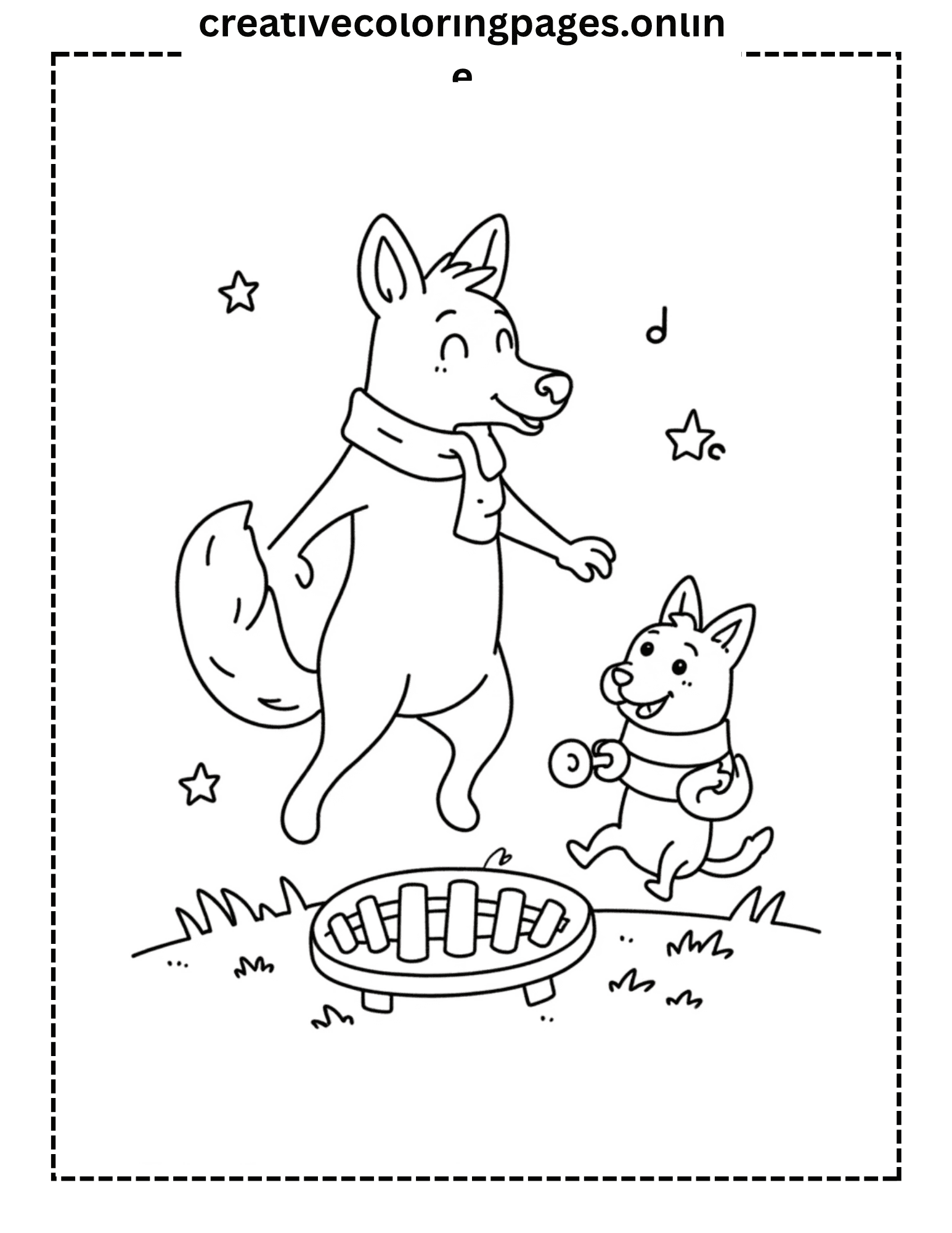 Dogs BBQ Coloring Page - Parent Puppy Grilling Stars - Image 1