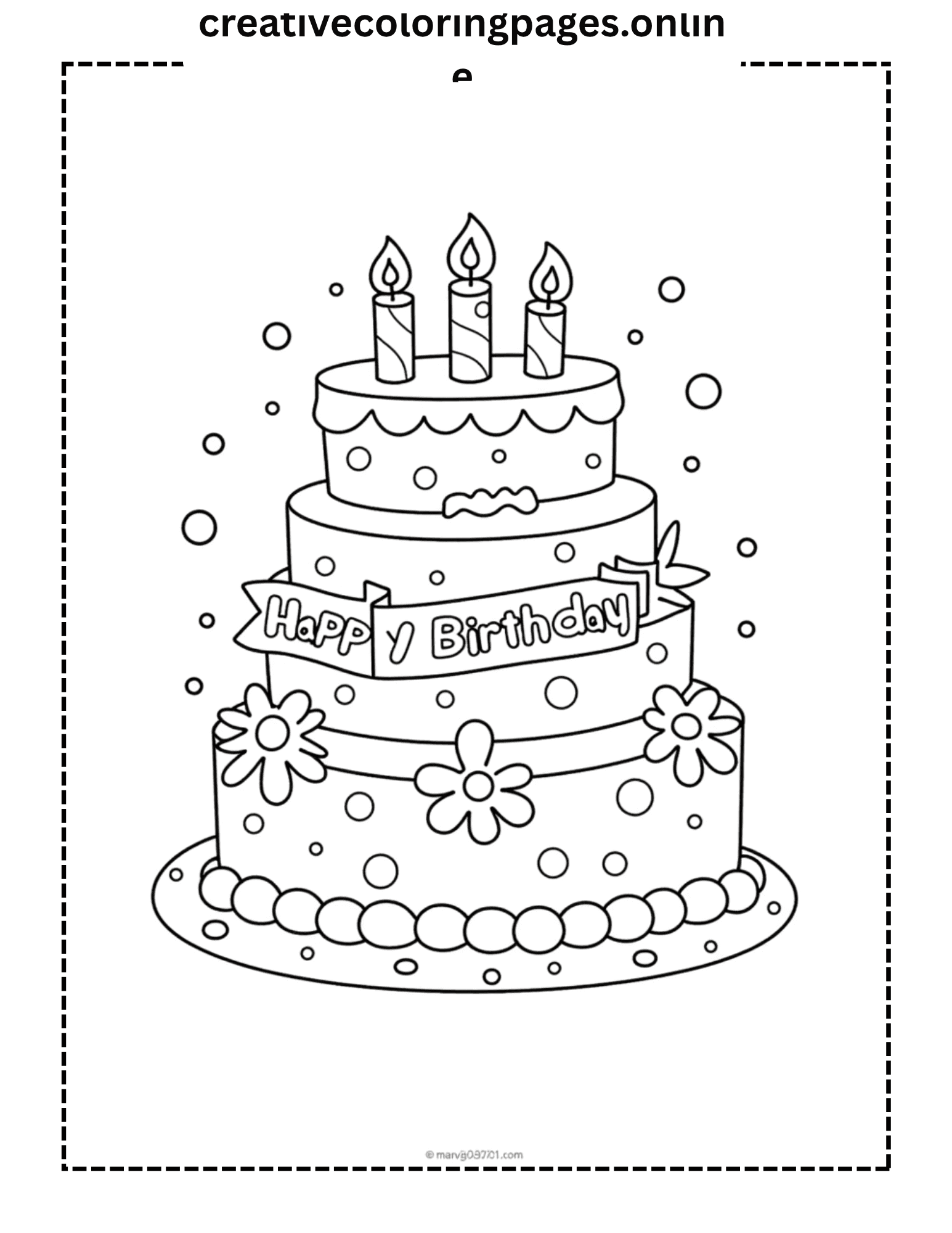 Birthday Cake Coloring Page - 3 Tier Cake Candles - Image 1