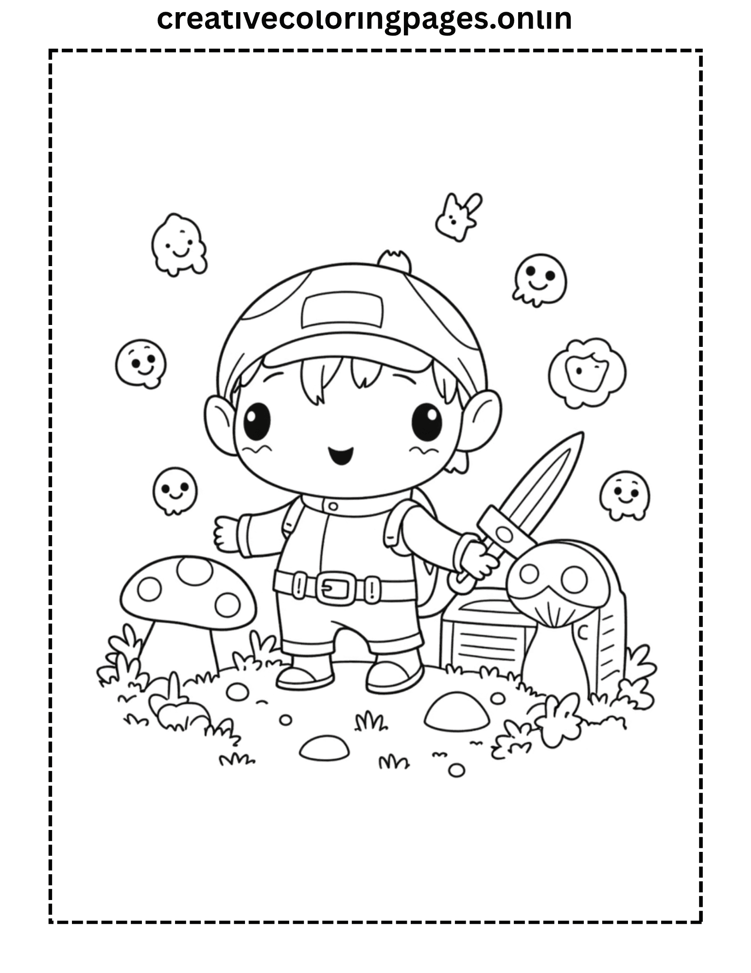 Kawaii Adventure Coloring Page - Sword Mushrooms Ghosts - Image 1
