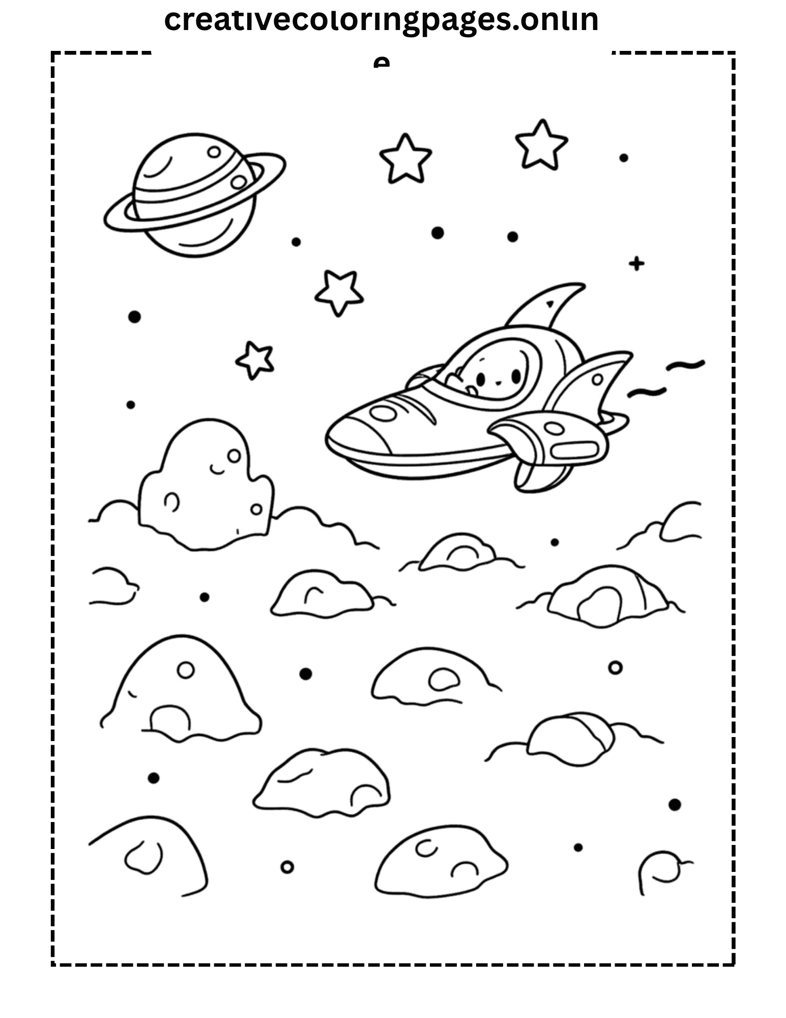 Kawaii Space Coloring Page - Rocket Asteroids Planet - Image 1