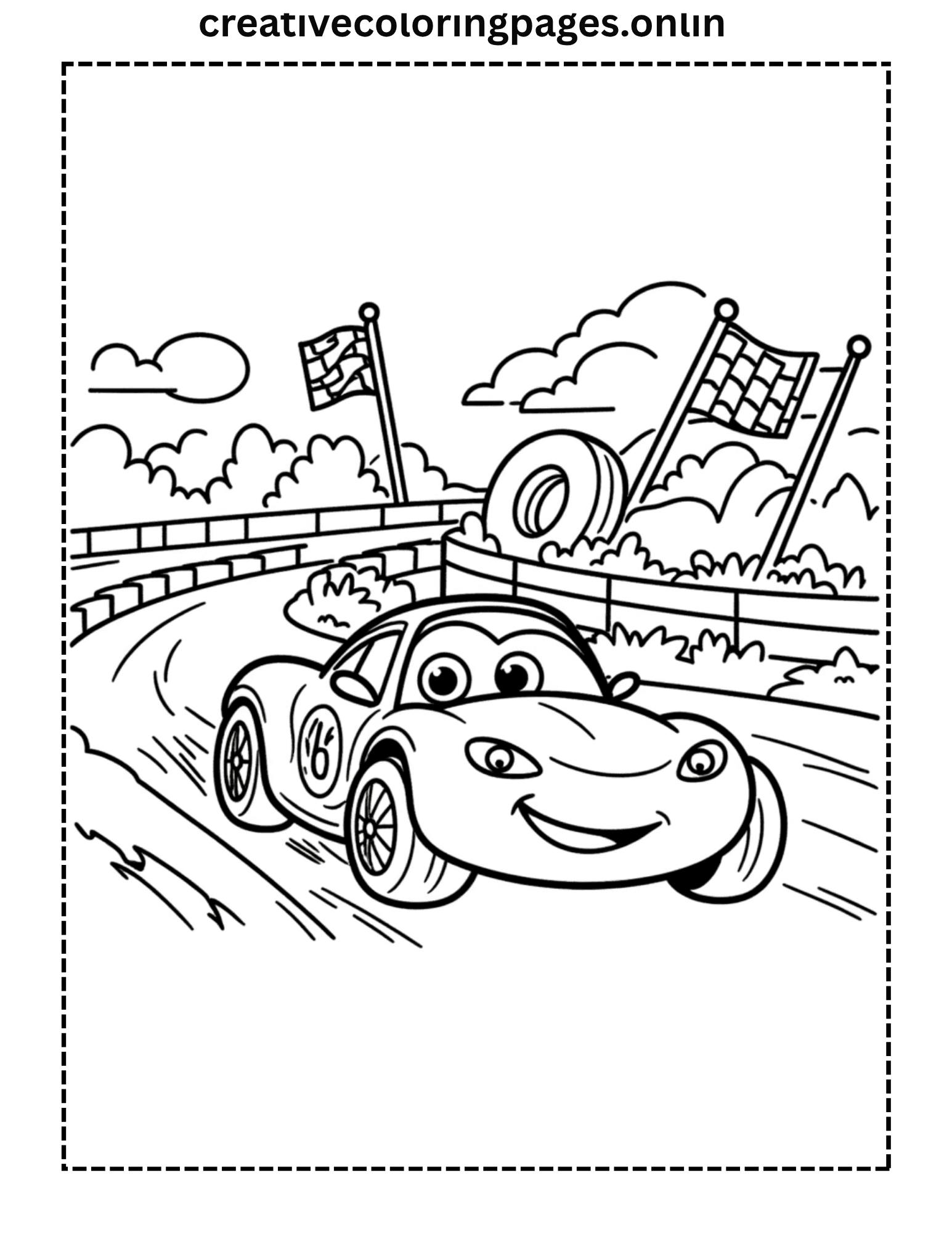 Kawaii Race Car Coloring Page - Racing Track - Image 1