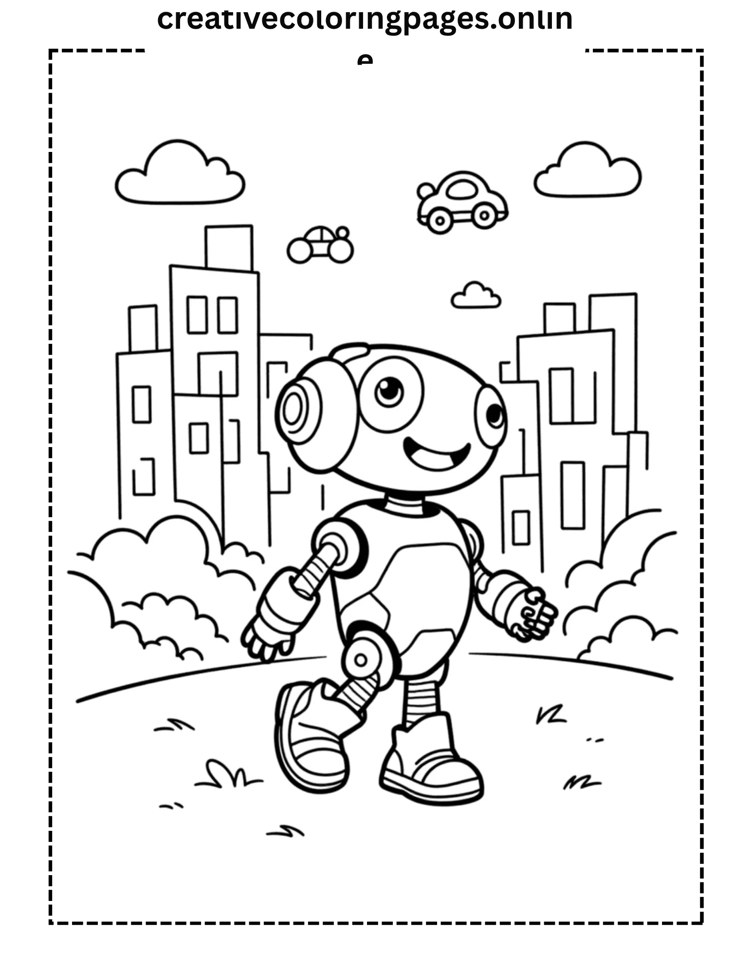 Robot City Coloring Page - Cute Robot Walking - Image 1