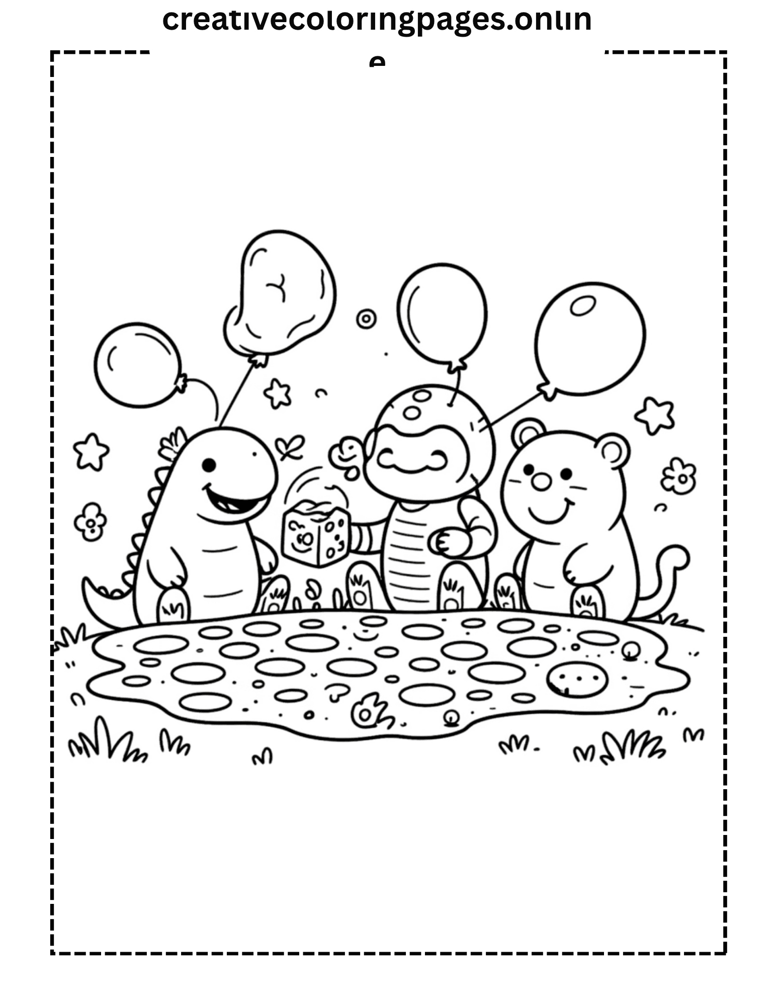 Kawaii Party Coloring Page - Dinosaur Bear Friends