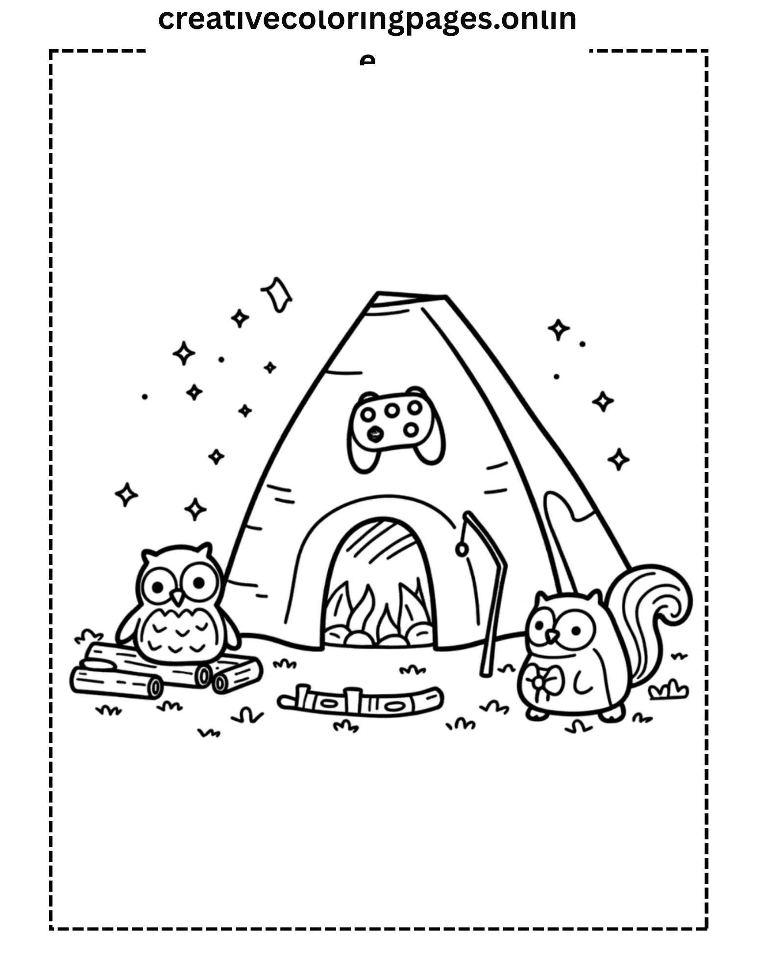Kawaii Camping Coloring Page - Tent Owl Squirrel