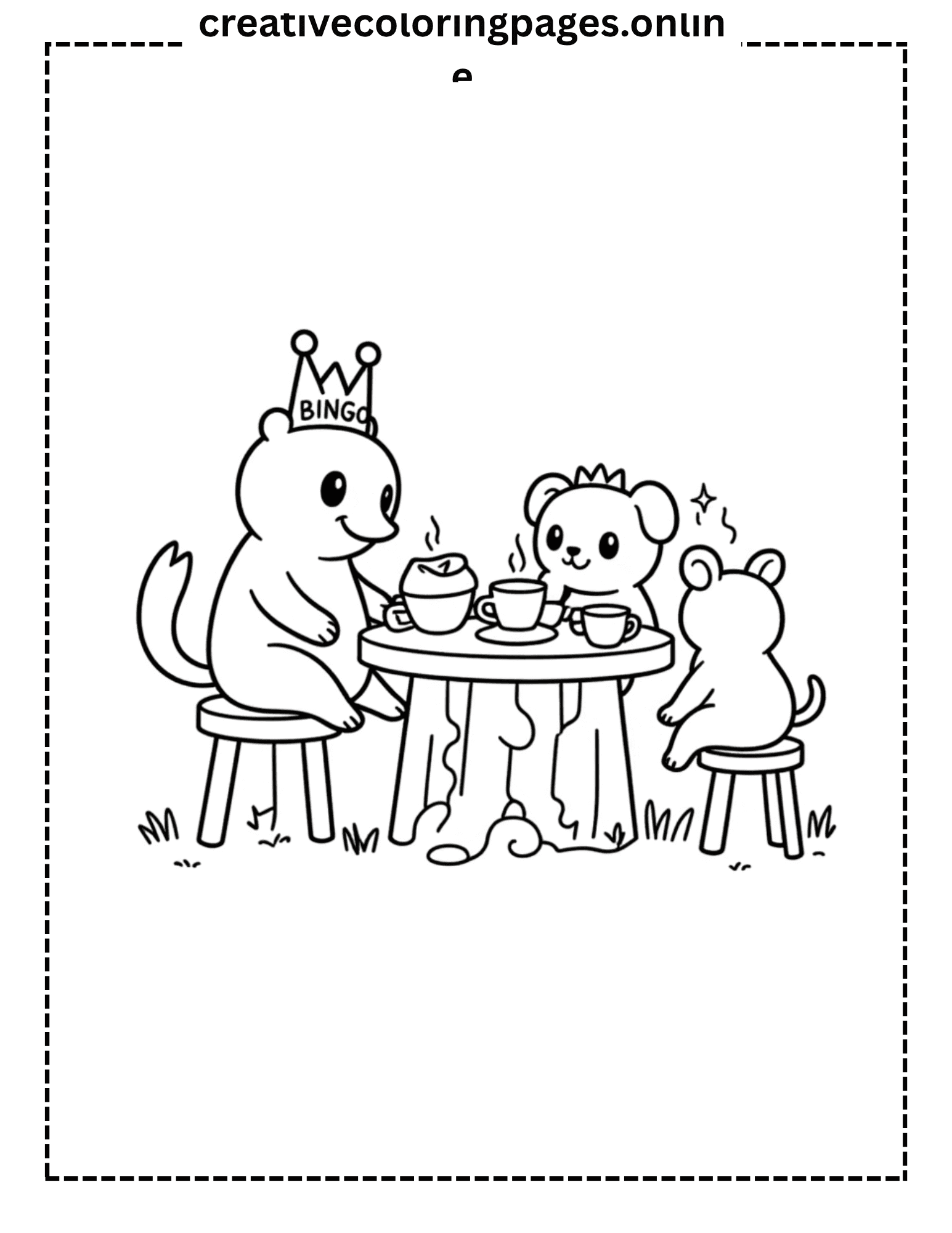 Kawaii Animals Tea Party Coloring Page - BINGO Crown - Image 1
