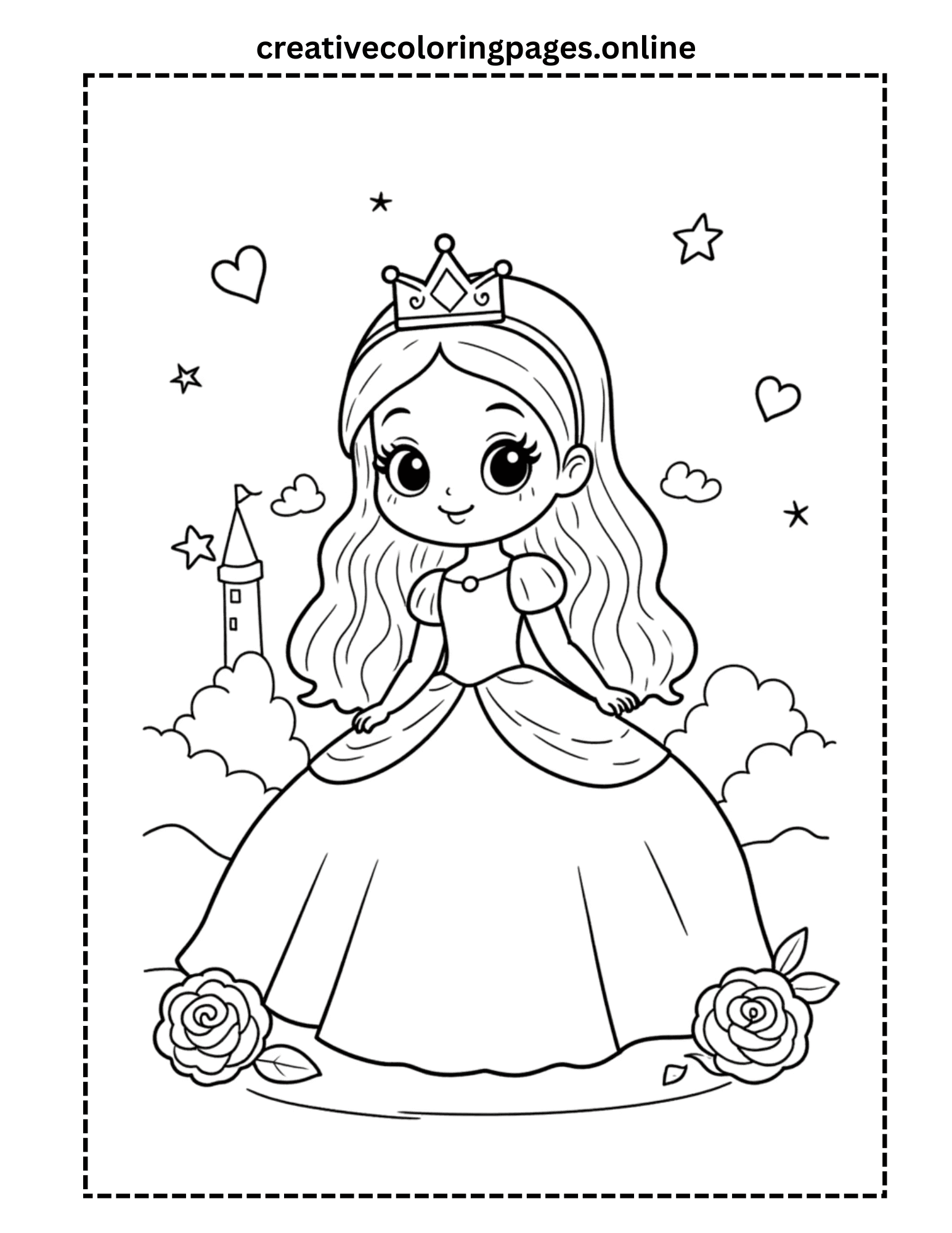 Free Cute Princess with Castle Coloring Page
