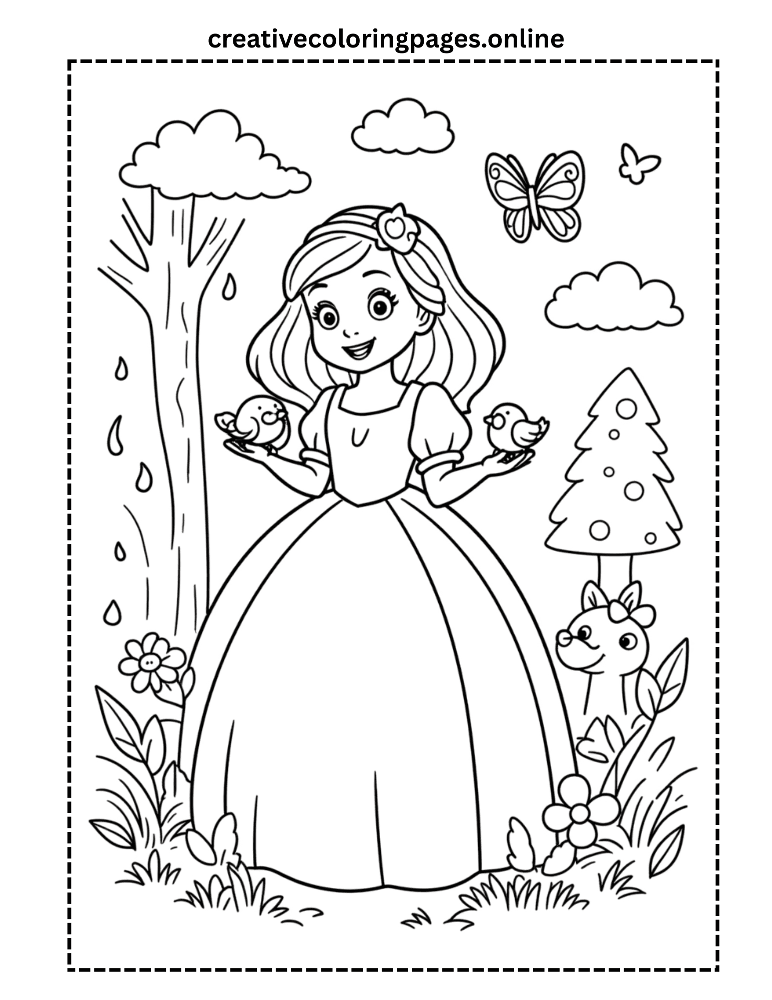 Free Princess with Birds Coloring Page