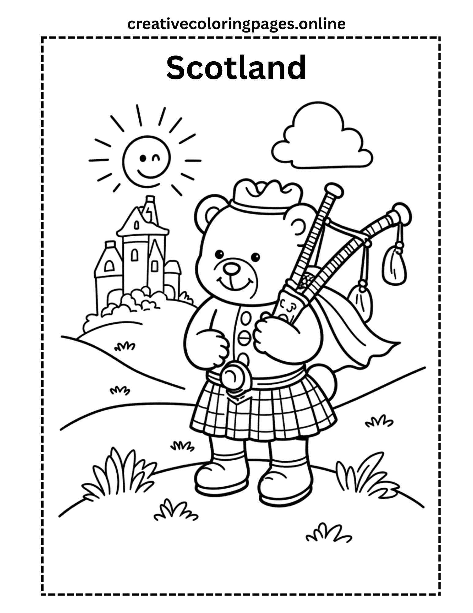 Free Scottish Bagpipe Bear Coloring Page - Image 1