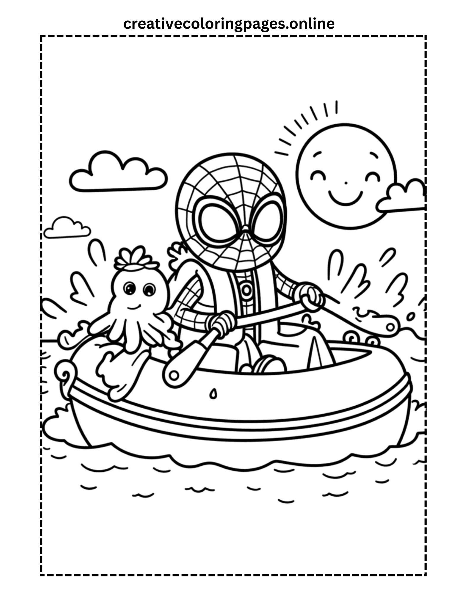 Spider Hero Rowing Boat with Octopus Coloring Page