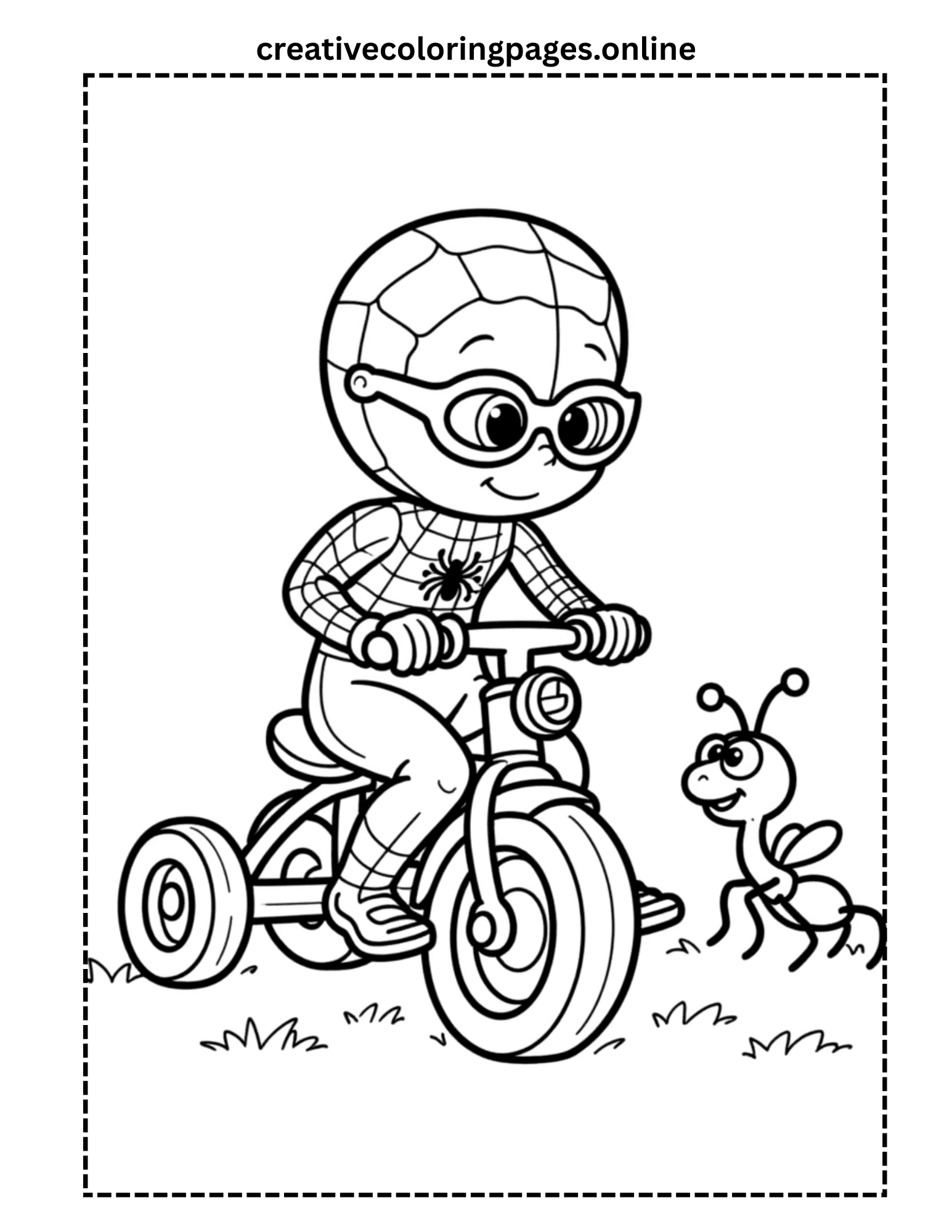 Cute Spider Hero Riding Tricycle with Ant Coloring Page