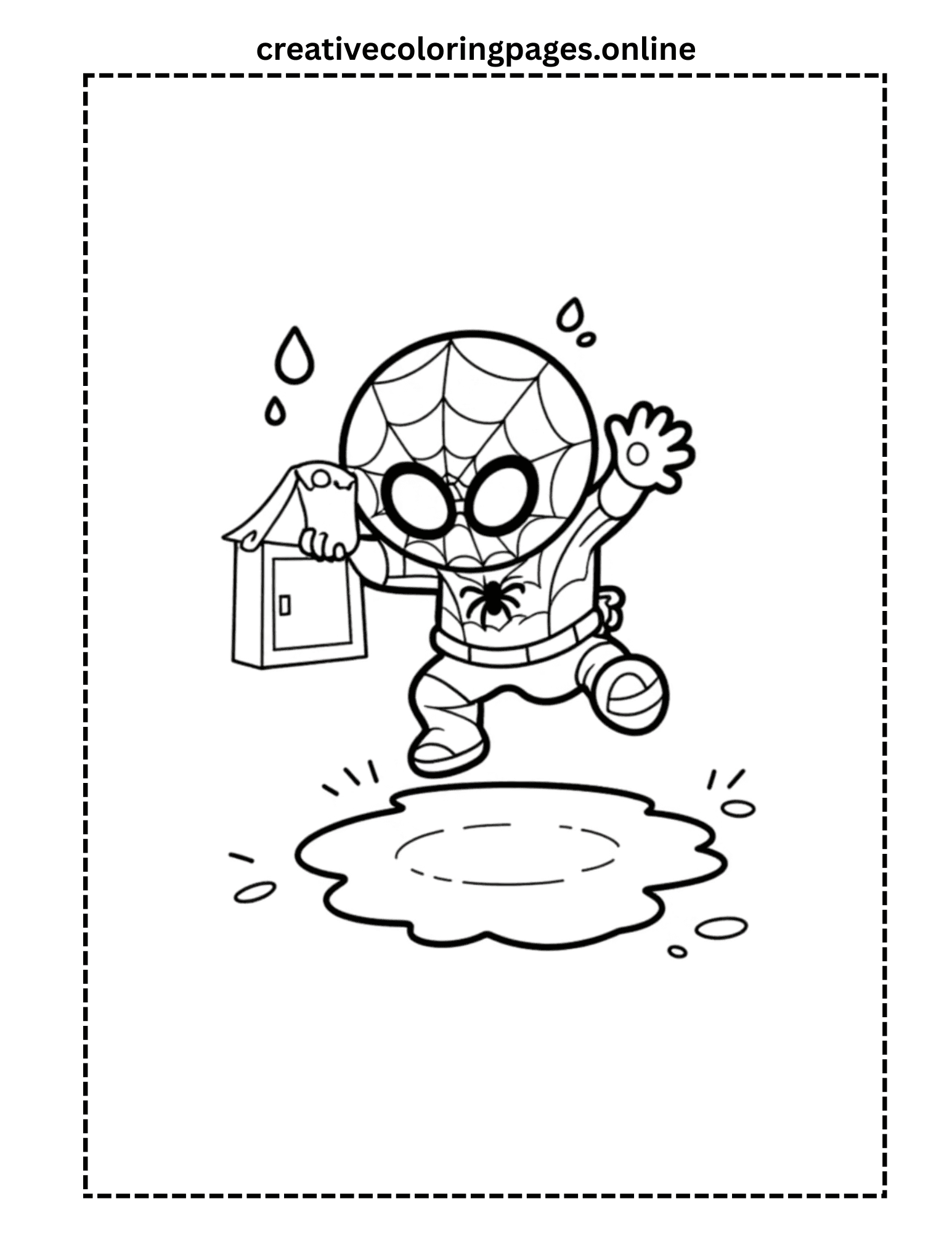 Spider Hero Jumping in Rain Puddle Coloring Page