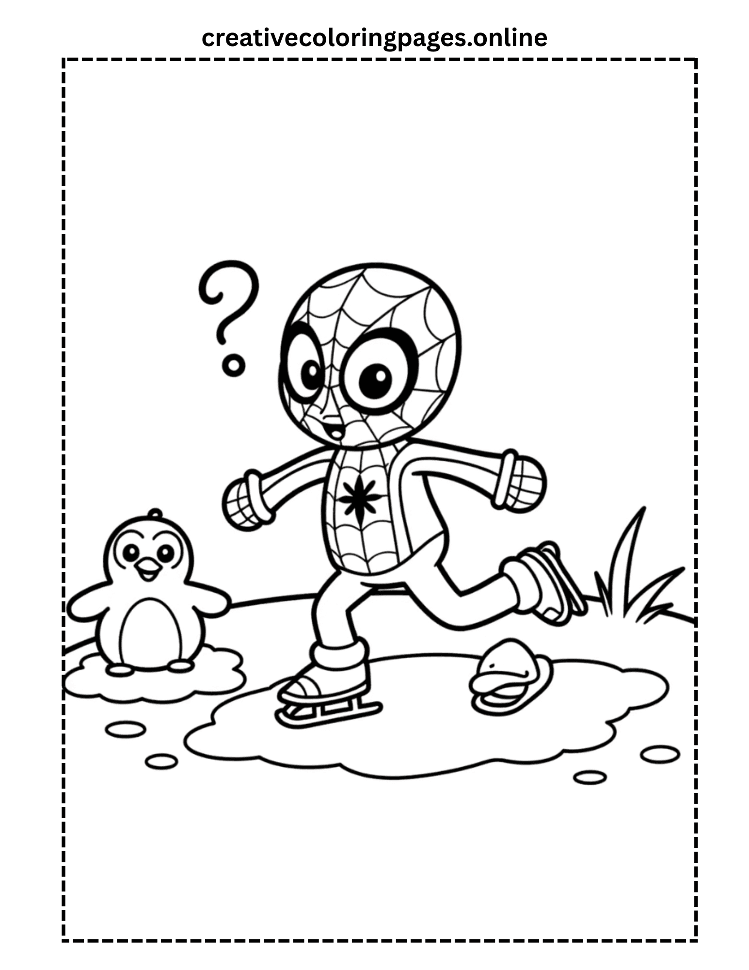 Spider Hero Ice Skating with Penguin Coloring Page