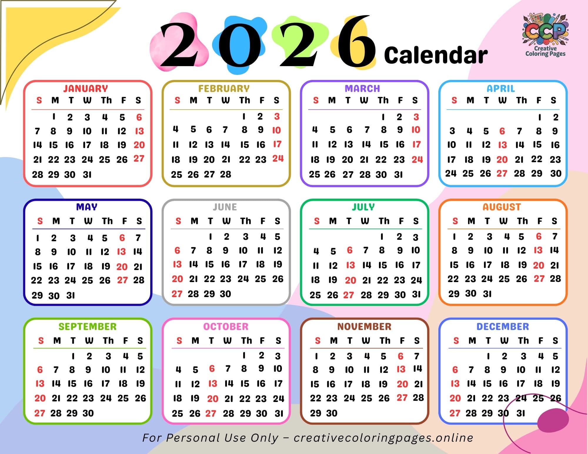 Free Printable 2026 Calendar – Colorful Full Year - Image 1