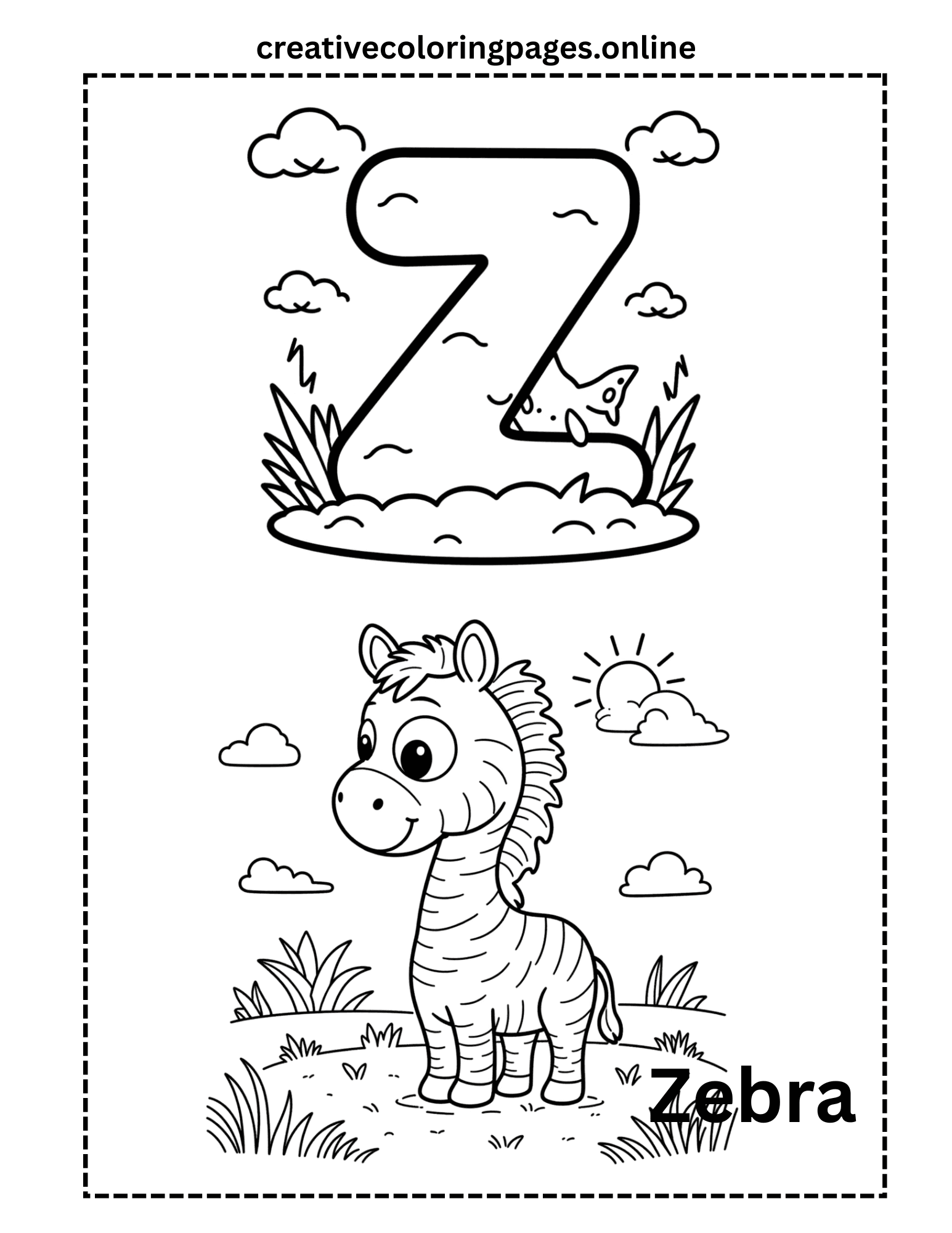 Letter Z Zebra Coloring Page Free Printable Kids